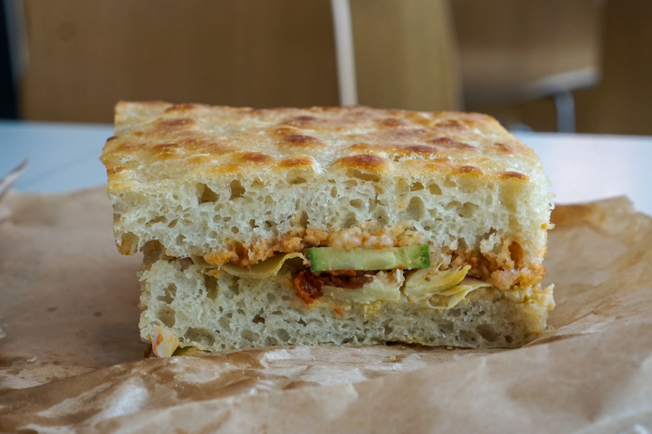 Foccacia with hummus and eggplant