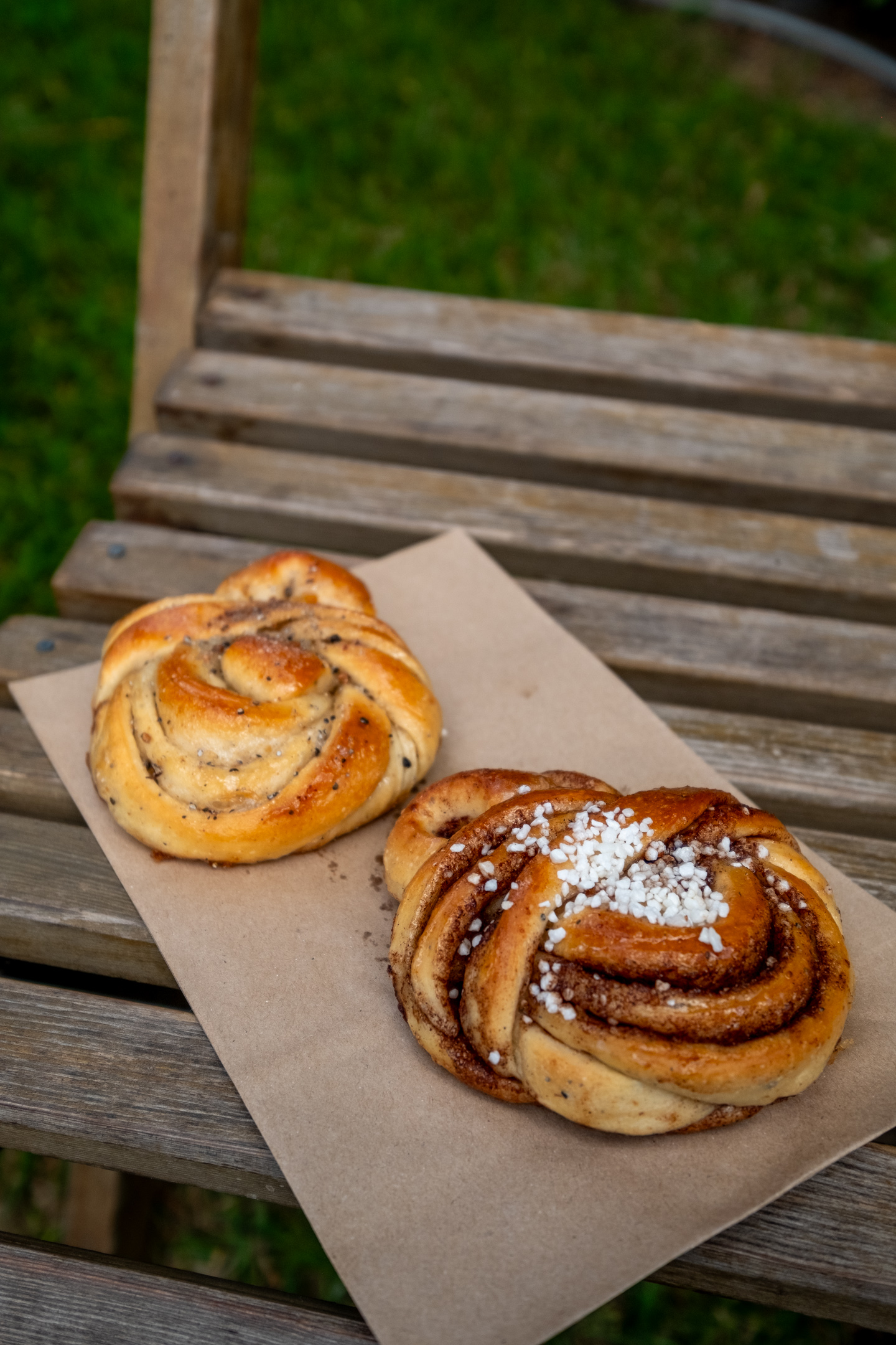 Cardamom bun the left, cinnamon bun on the right