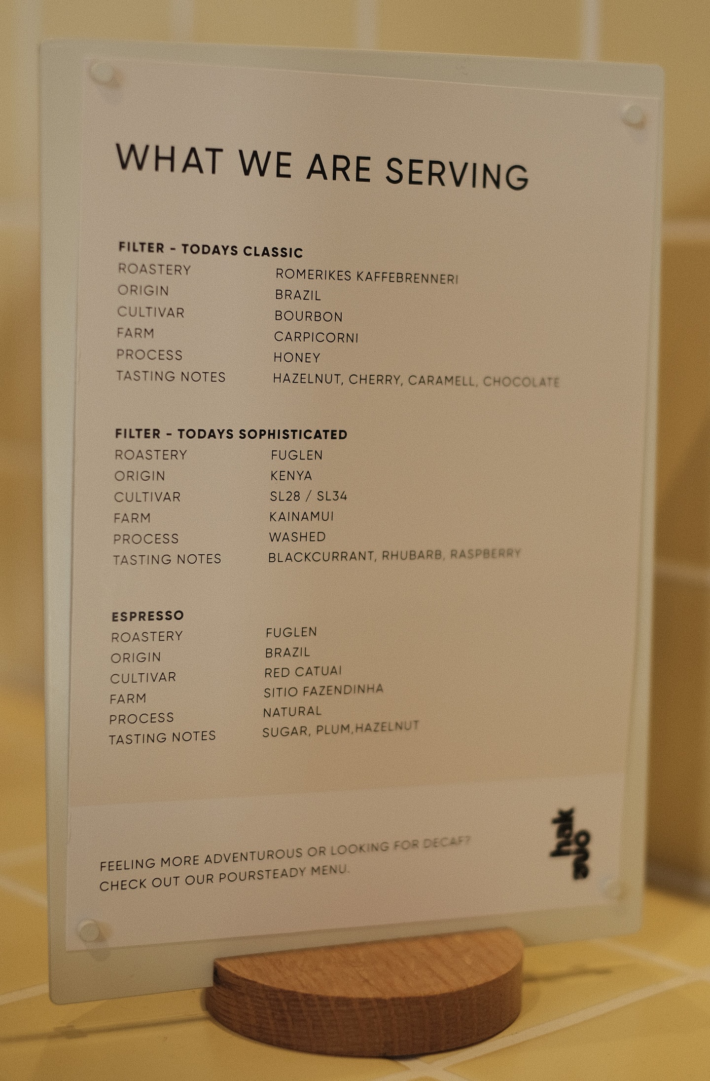 The coffees used for espresso and filter are listed