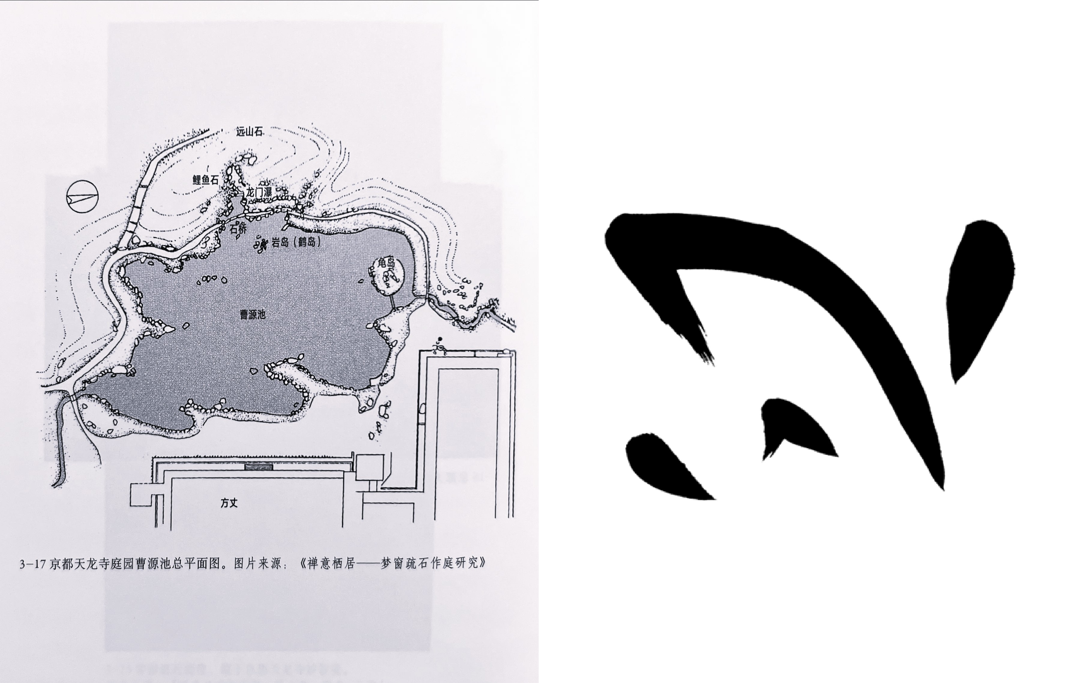 The pond is shaped like the upside-down Chinese character for &ldquo;heart&rdquo;(心). Source: Picture from the book 木骨禅心 by the author 王南